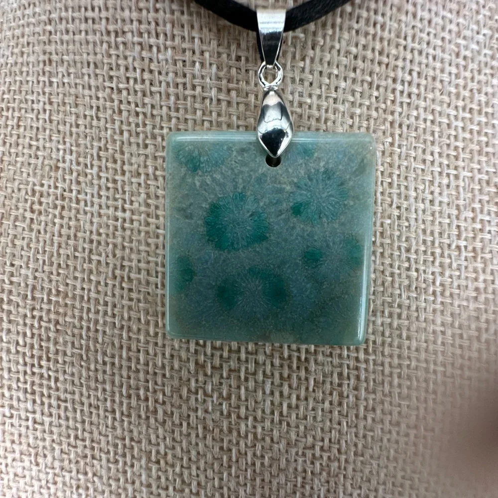 Light Green Coral Fossil Pendant Necklace on Black Satin Rope - Picture 7 of 15